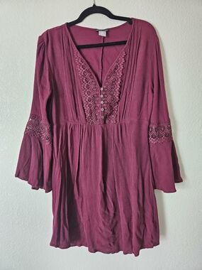 Boho Lace-Trim Tunic Dress in Deep Berry